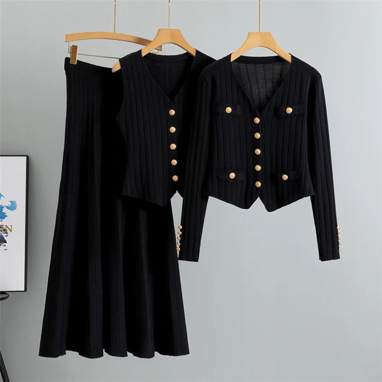 2025 Women Three Piece Sets  Kintted  Vest Pleated Skirt Spring Autumn  Cardigan Top High Waist Skirt New Elegant  Suit
