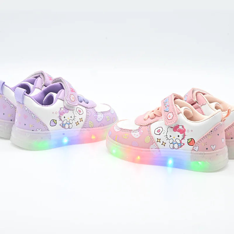 2025 LED Kids Shoes for Girls Cute Cartoon Hello Kitty Shoes Baby Girl Kawaii Canvas Shoes Soft Bottom Sneakers Casual Shoes