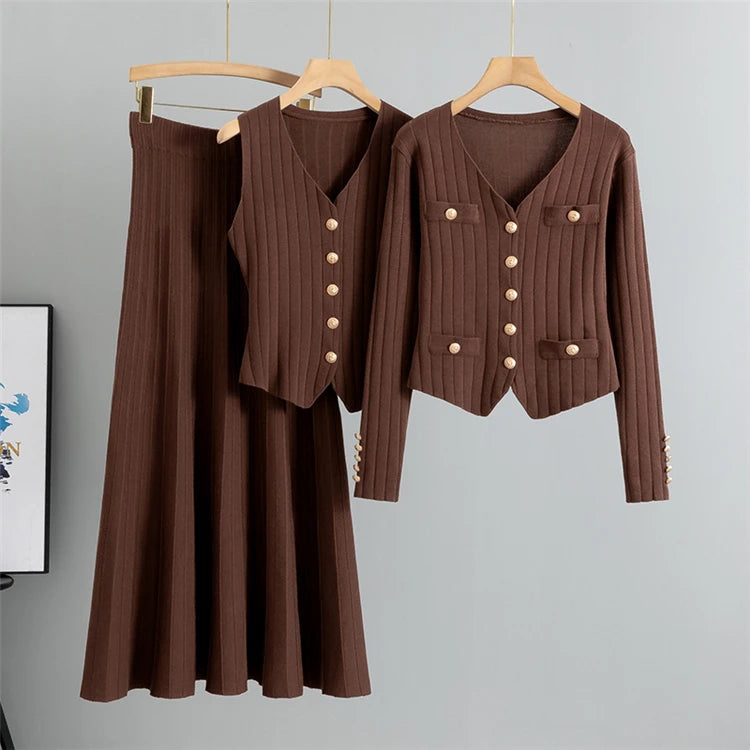 2025 Women Three Piece Sets  Kintted  Vest Pleated Skirt Spring Autumn  Cardigan Top High Waist Skirt New Elegant  Suit