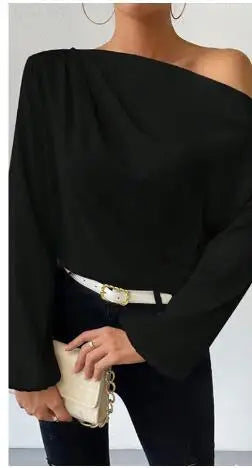 2025 Ladies Tops Women's Shirts & Blouses Long Sleeve  Sexy Solid Color One-Shoulder Elegant Blouses Foreign Style Blusas