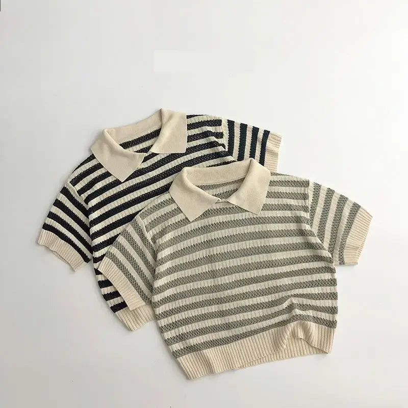 2025 Summer New Children Short Sleeve T Shirts Cotton Kids Lapel Knit Polo Shirt Boys Girls Vintage Striped T Shirts Clothes
