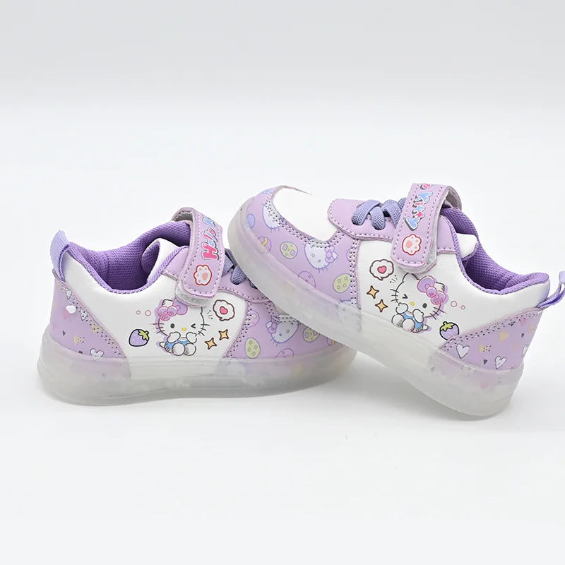 2025 LED Kids Shoes for Girls Cute Cartoon Hello Kitty Shoes Baby Girl Kawaii Canvas Shoes Soft Bottom Sneakers Casual Shoes