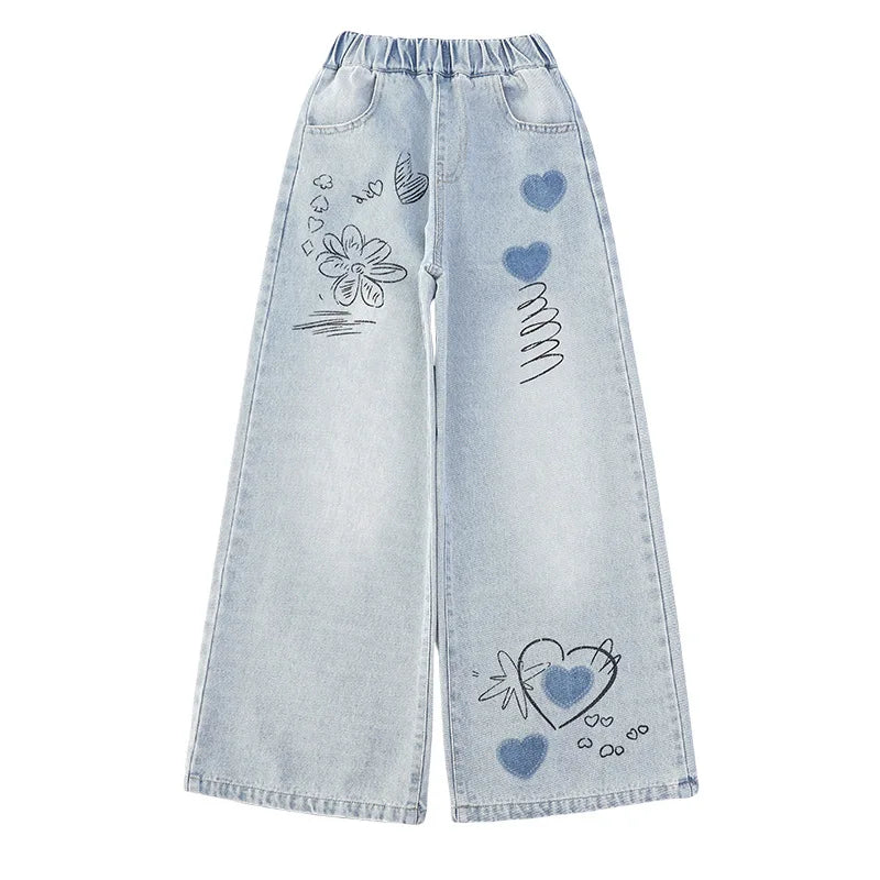 2025 Spring Girls Jeans Embroidered Pants Trendy Straight Wide-Leg Trousers for Kids Stylish & Versatile Casual Wear 10 12 Years