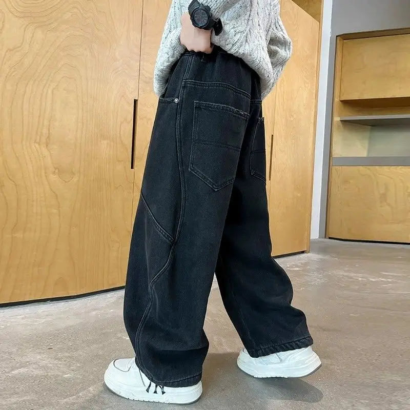 2025 New Boys' Casual Jeans for Kids 6-12 Years Old Autumn Streetwear Jeans with Rips and Rivets, Comfortable Stretchy Fabric