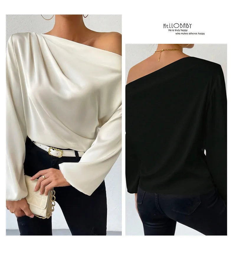 2025 Ladies Tops Women's Shirts & Blouses Long Sleeve  Sexy Solid Color One-Shoulder Elegant Blouses Foreign Style Blusas