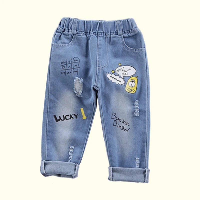 Children Jeans  Boys Cotton Print Splice Stretch Denim Pants Korean Teenage Trousers Wear Kids ClothingDenimRipped Spring Autum