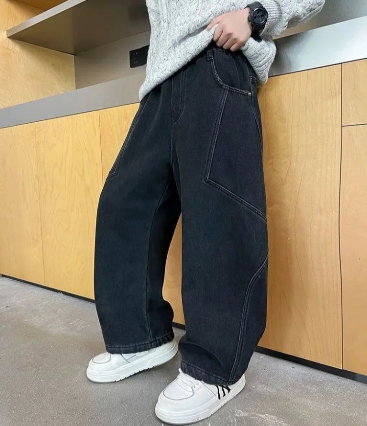 2025 New Boys' Casual Jeans for Kids 6-12 Years Old Autumn Streetwear Jeans with Rips and Rivets, Comfortable Stretchy Fabric