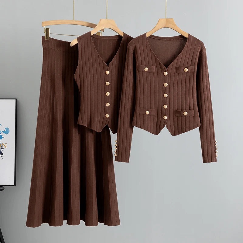 2025 Women Three Piece Sets  Kintted  Vest Pleated Skirt Spring Autumn  Cardigan Top High Waist Skirt New Elegant  Suit
