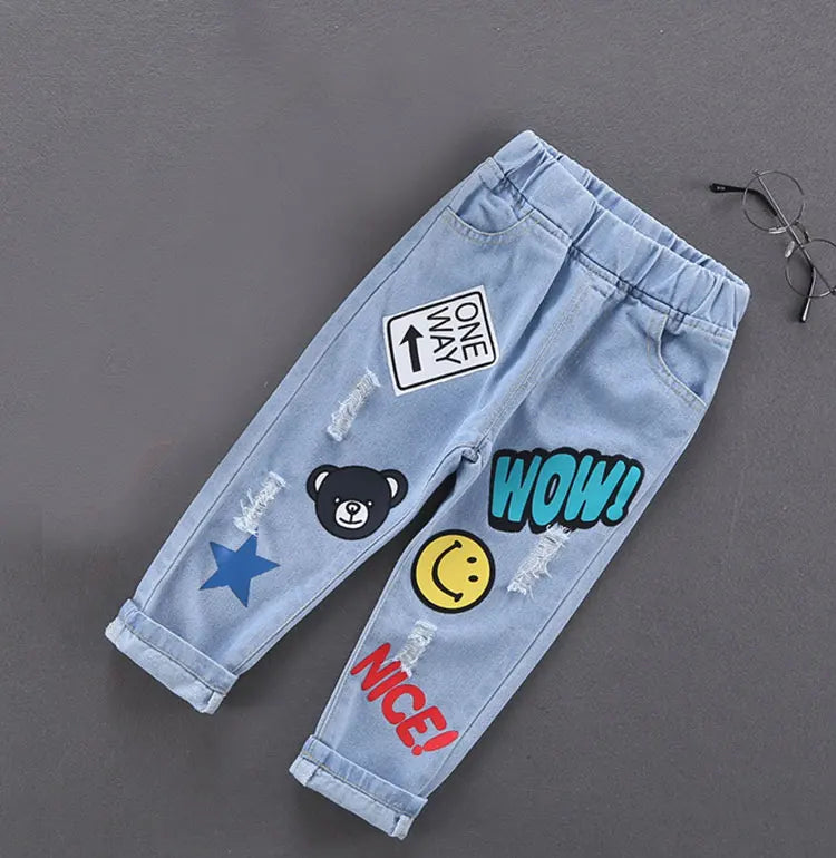 Children Jeans  Boys Cotton Print Splice Stretch Denim Pants Korean Teenage Trousers Wear Kids ClothingDenimRipped Spring Autum