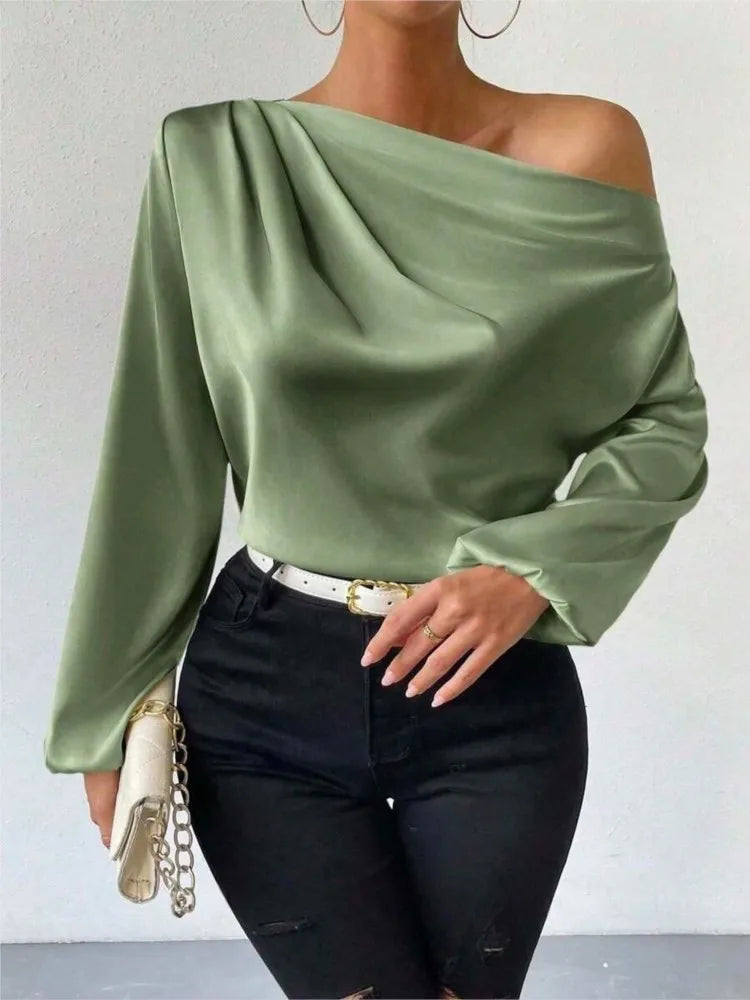 2025 Ladies Tops Women's Shirts & Blouses Long Sleeve  Sexy Solid Color One-Shoulder Elegant Blouses Foreign Style Blusas