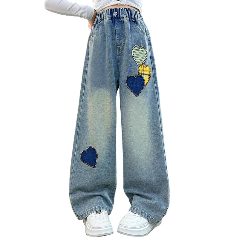 2025 Spring Girls Jeans Embroidered Pants Trendy Straight Wide-Leg Trousers for Kids Stylish & Versatile Casual Wear 10 12 Years