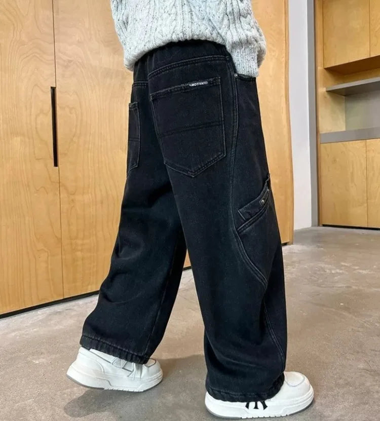 2025 New Boys' Casual Jeans for Kids 6-12 Years Old Autumn Streetwear Jeans with Rips and Rivets, Comfortable Stretchy Fabric