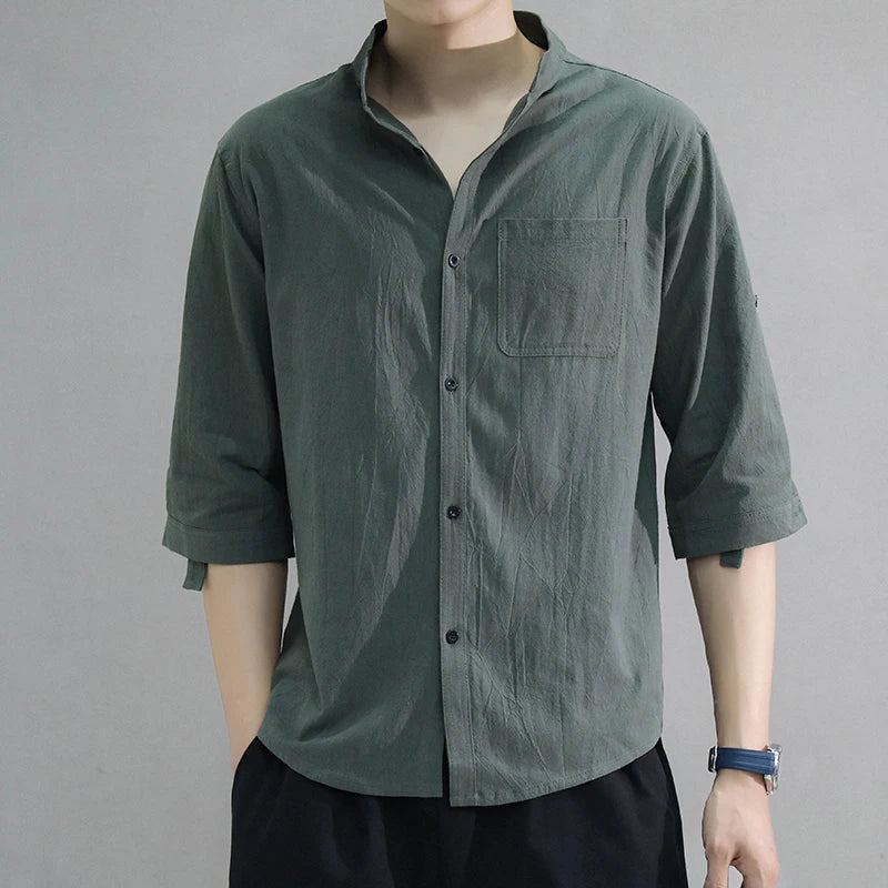 2025 Men Shirt Solid Color 3/4 Sleeves Spring Shirt Loose Stand Collar Male Office Shirt Buttons Placket Men Over Shirt for Work
