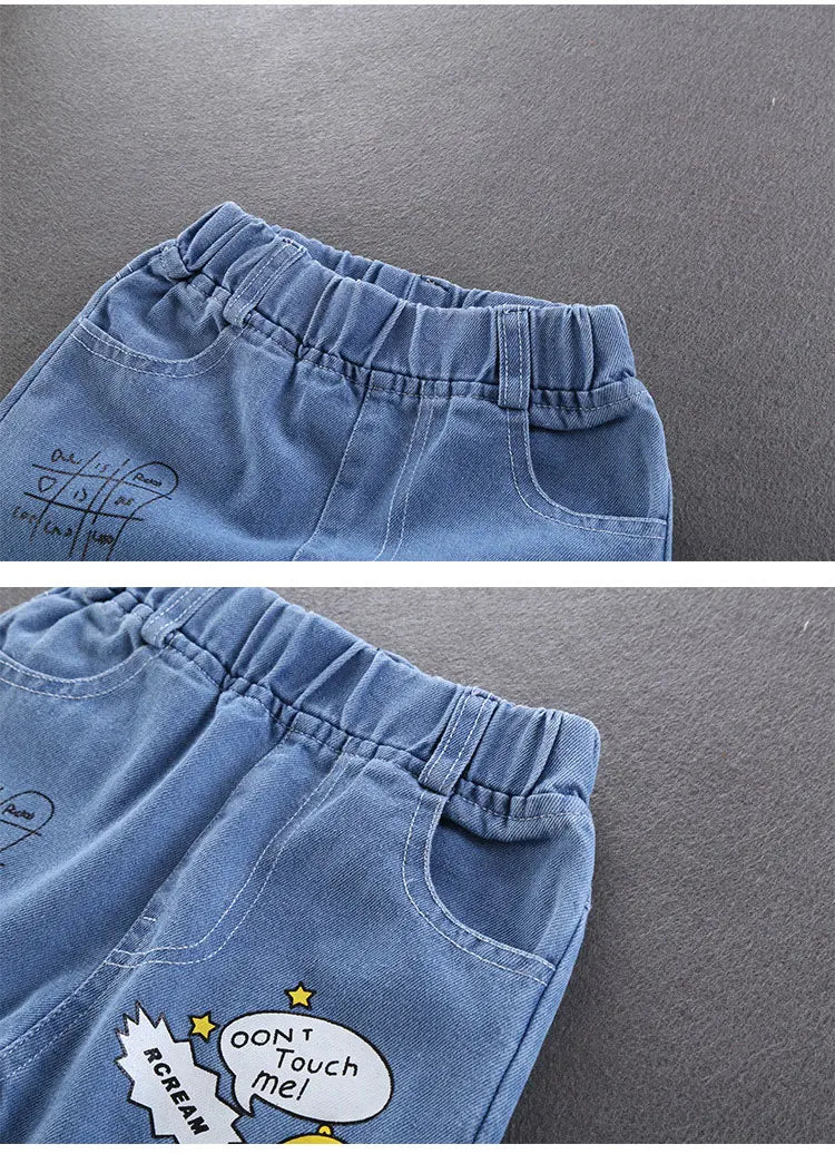 Children Jeans  Boys Cotton Print Splice Stretch Denim Pants Korean Teenage Trousers Wear Kids ClothingDenimRipped Spring Autum