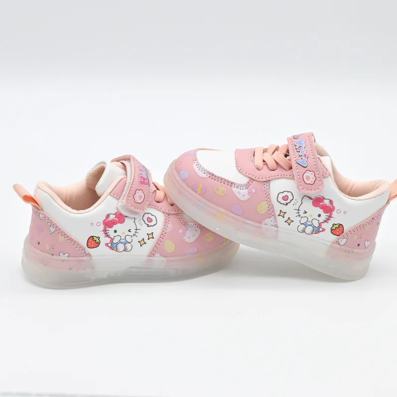 2025 LED Kids Shoes for Girls Cute Cartoon Hello Kitty Shoes Baby Girl Kawaii Canvas Shoes Soft Bottom Sneakers Casual Shoes