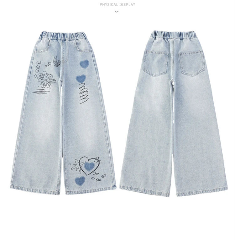 2025 Spring Girls Jeans Embroidered Pants Trendy Straight Wide-Leg Trousers for Kids Stylish & Versatile Casual Wear 10 12 Years