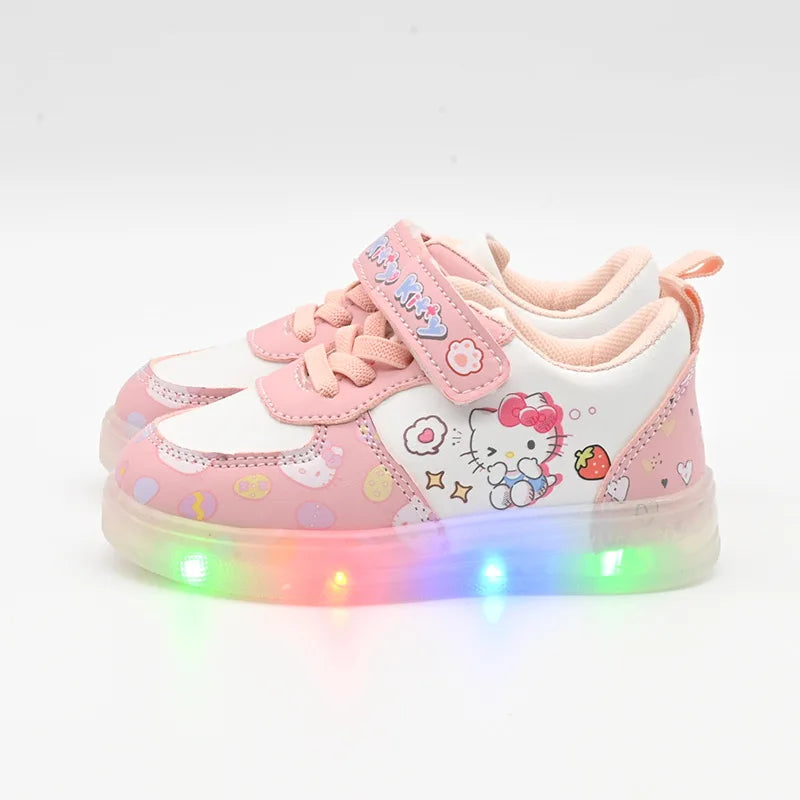 2025 LED Kids Shoes for Girls Cute Cartoon Hello Kitty Shoes Baby Girl Kawaii Canvas Shoes Soft Bottom Sneakers Casual Shoes